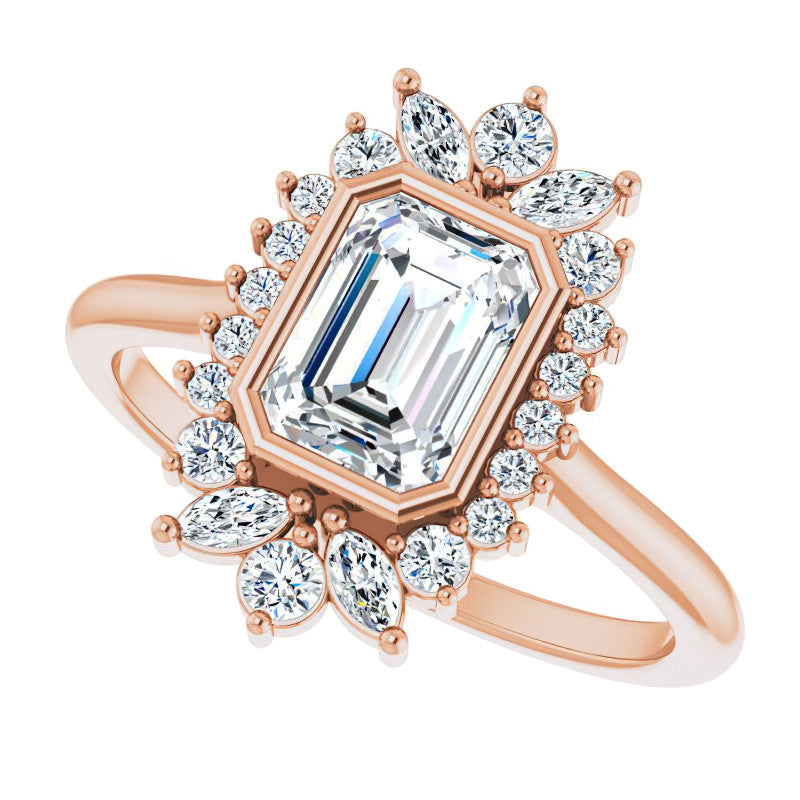 Bezel Set Emerald / Radiant Halo Moissanite Cathedral Engagement Ring