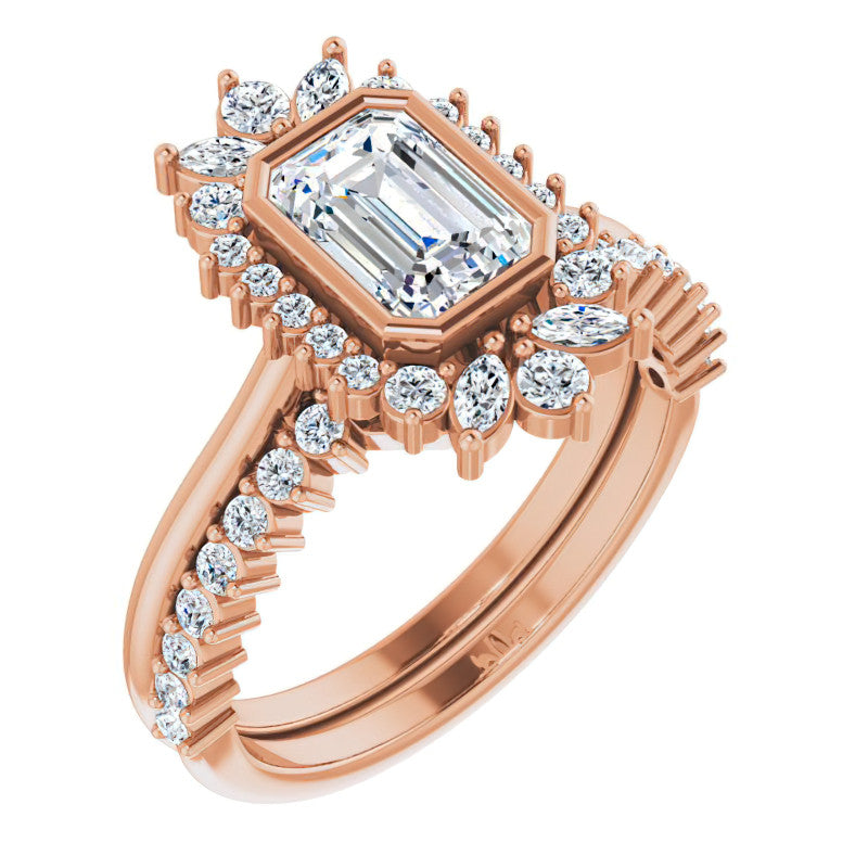 Bezel Set Emerald / Radiant Halo Moissanite Cathedral Engagement Ring