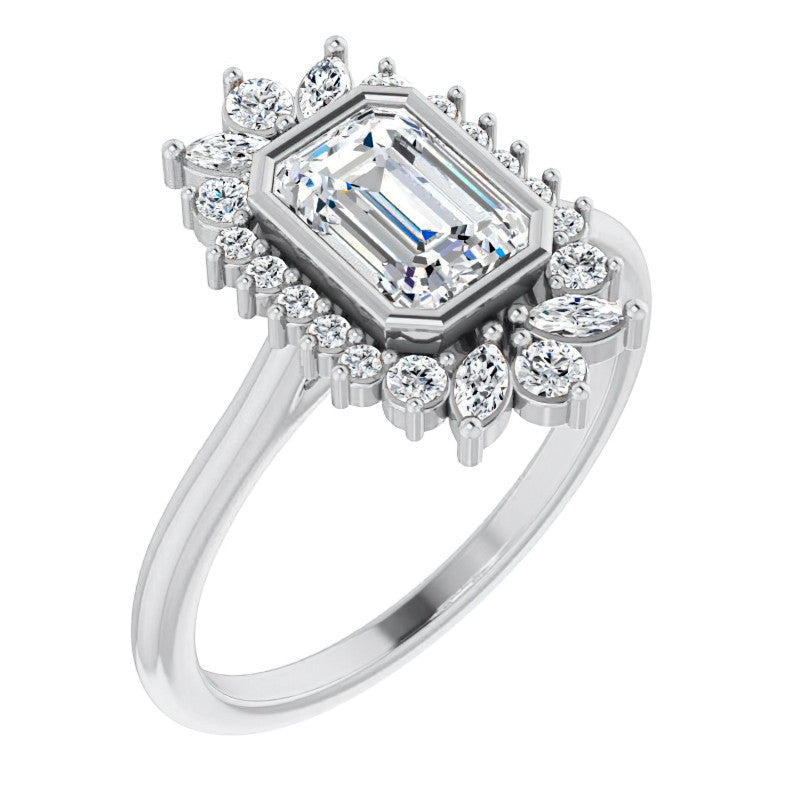 Bezel Set Emerald / Radiant Halo Moissanite Cathedral Engagement Ring