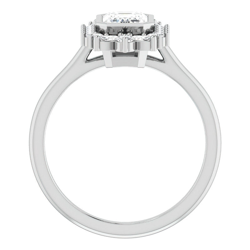 Bezel Set Emerald / Radiant Halo Moissanite Cathedral Engagement Ring