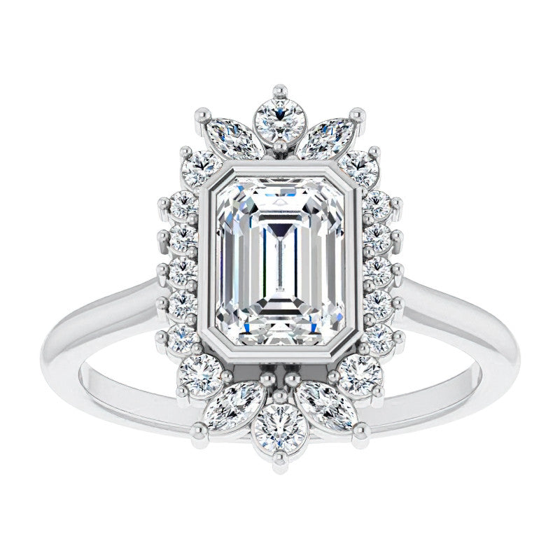 Bezel Set Emerald / Radiant Halo Moissanite Cathedral Engagement Ring