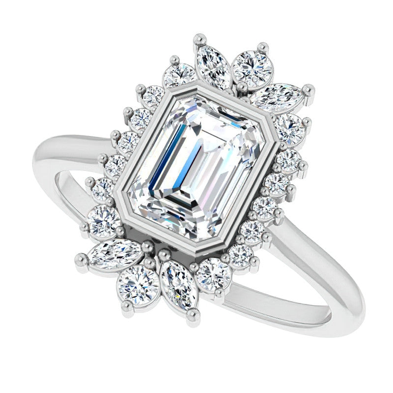 Bezel Set Emerald / Radiant Halo Moissanite Cathedral Engagement Ring