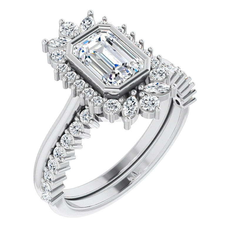 Bezel Set Emerald / Radiant Halo Moissanite Cathedral Engagement Ring