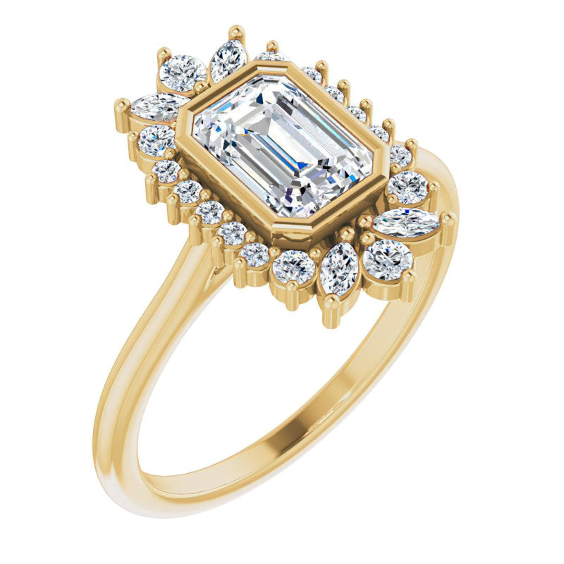 Bezel Set Emerald / Radiant Halo Moissanite Cathedral Engagement Ring