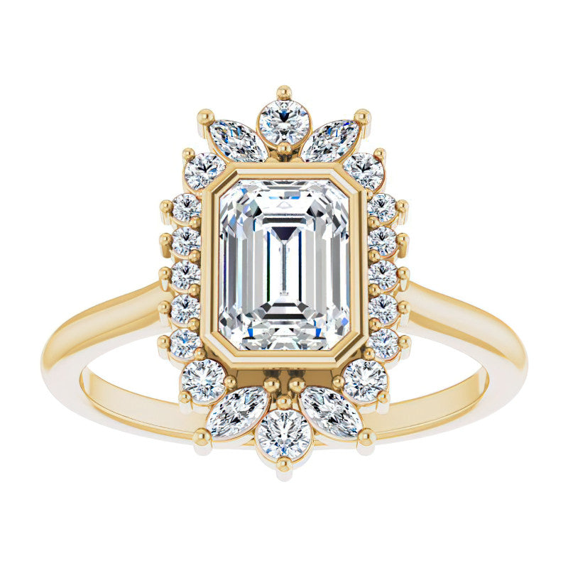 Bezel Set Emerald / Radiant Halo Moissanite Cathedral Engagement Ring