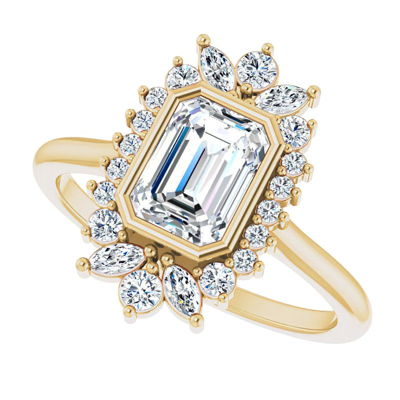 Bezel Set Emerald / Radiant Halo Moissanite Cathedral Engagement Ring