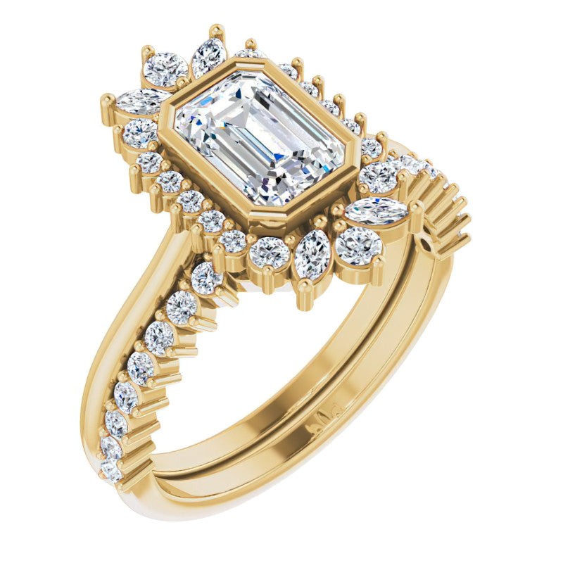Bezel Set Emerald / Radiant Halo Moissanite Cathedral Engagement Ring