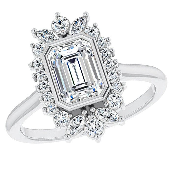 Bezel Set Emerald / Radiant Halo Moissanite Cathedral Engagement Ring