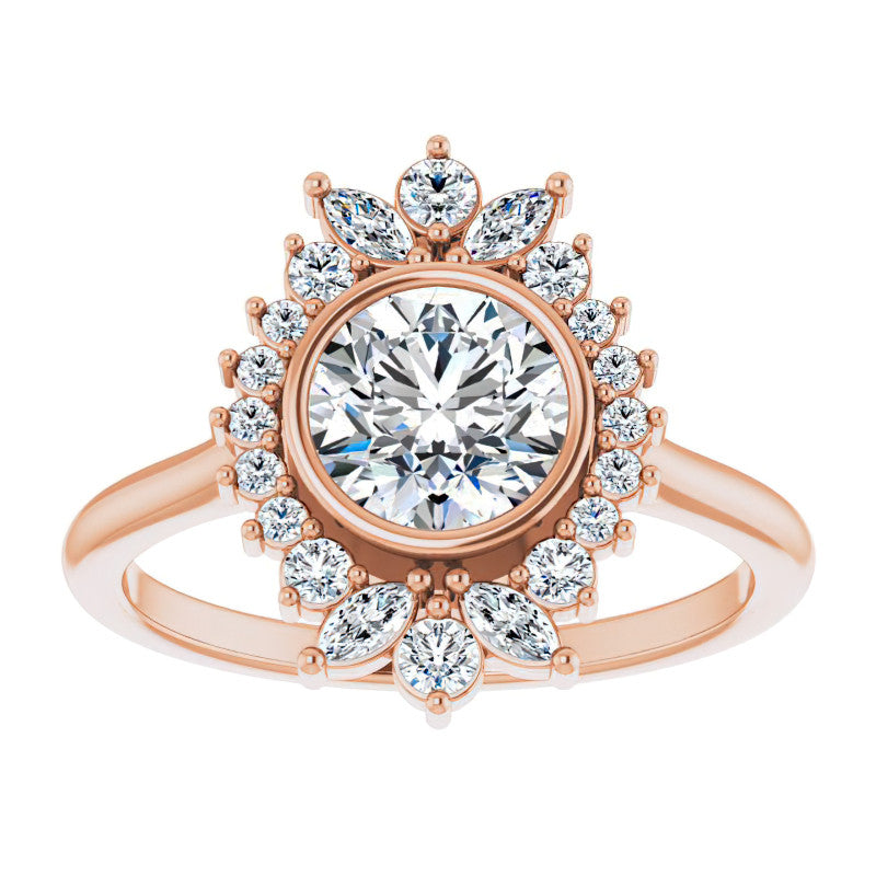 Bezel Set Round Halo Moissanite Cathedral Engagement Ring