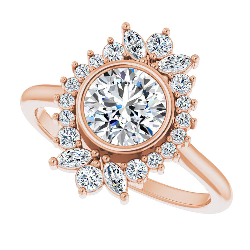 Bezel Set Round Halo Moissanite Cathedral Engagement Ring