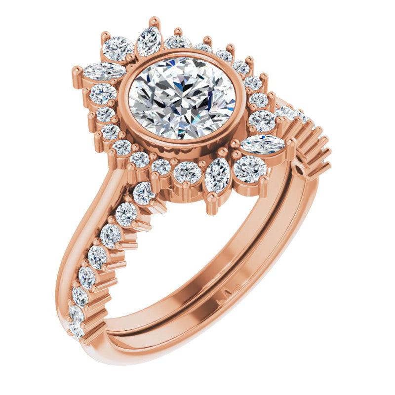 Bezel Set Round Halo Moissanite Cathedral Engagement Ring
