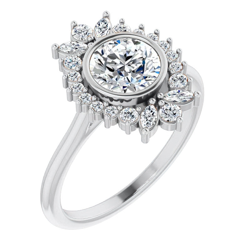 Bezel Set Round Halo Moissanite Cathedral Engagement Ring