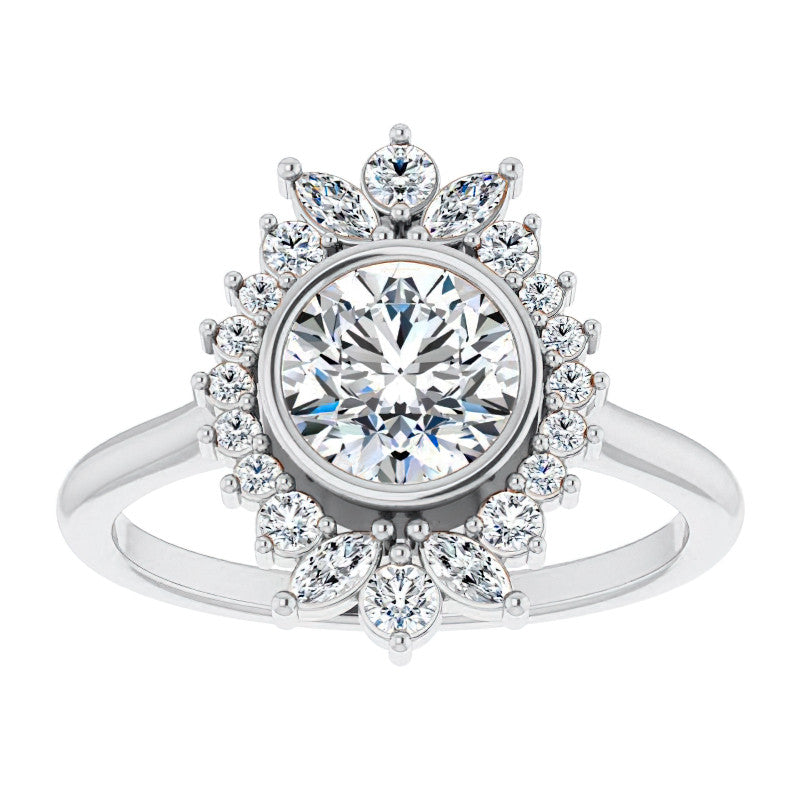 Bezel Set Round Halo Moissanite Cathedral Engagement Ring