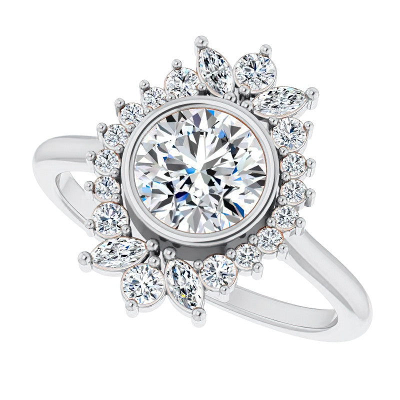 Bezel Set Round Halo Moissanite Cathedral Engagement Ring