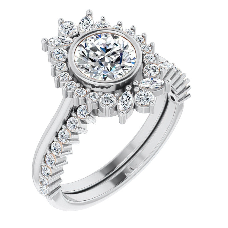 Bezel Set Round Halo Moissanite Cathedral Engagement Ring