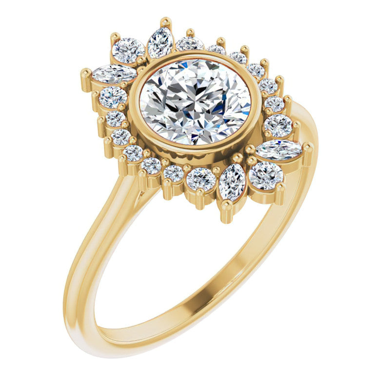 Bezel Set Round Halo Moissanite Cathedral Engagement Ring