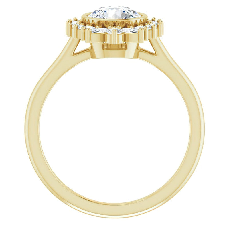 Bezel Set Round Halo Moissanite Cathedral Engagement Ring