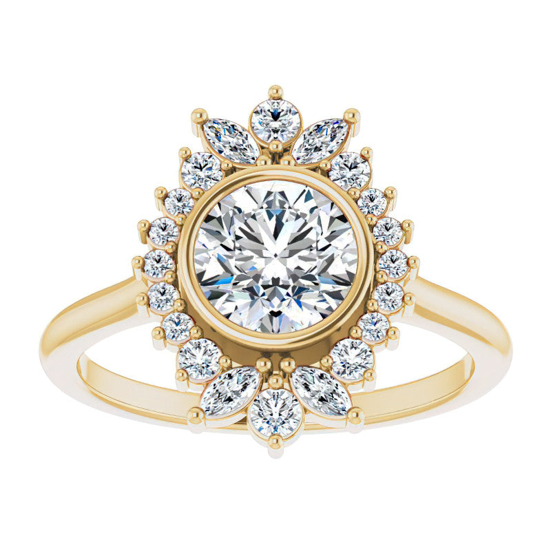 Bezel Set Round Halo Moissanite Cathedral Engagement Ring