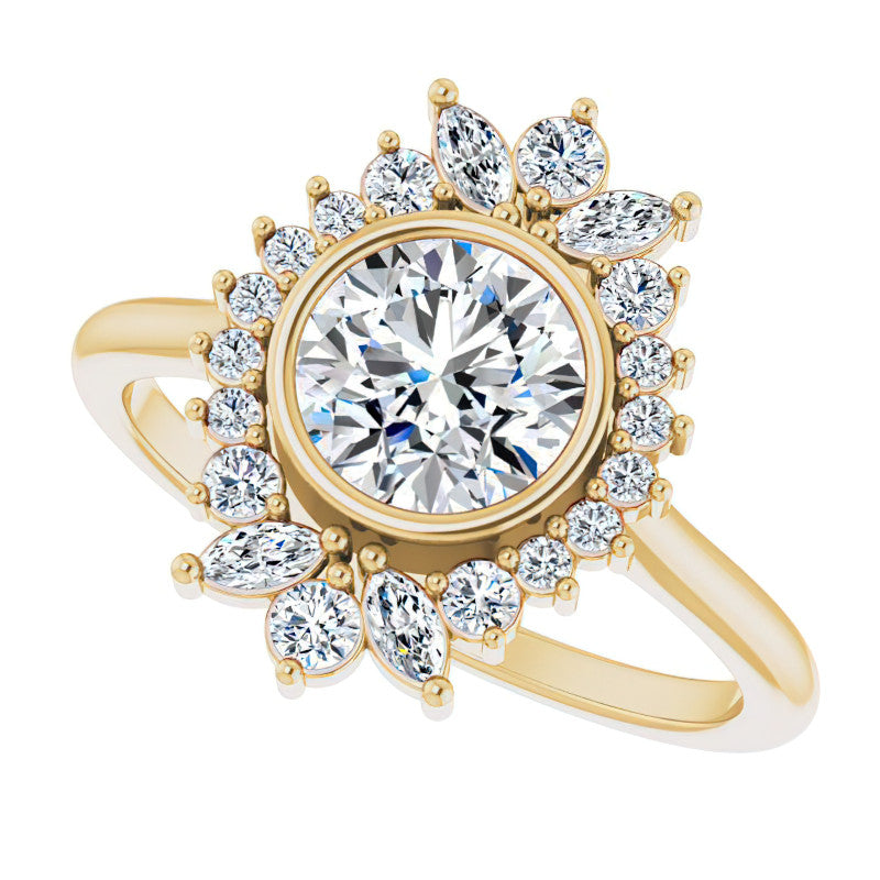 Bezel Set Round Halo Moissanite Cathedral Engagement Ring