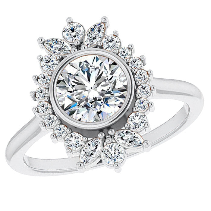 Bezel Set Round Halo Moissanite Cathedral Engagement Ring
