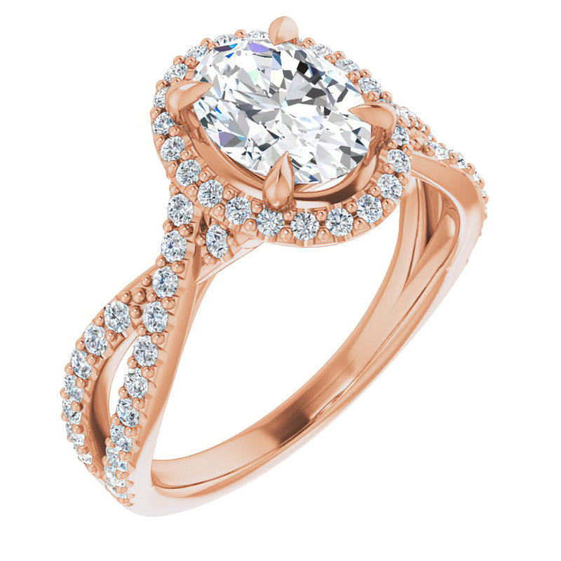 Oval Split Shank Cathedral Halo Moissanite Engagement Ring