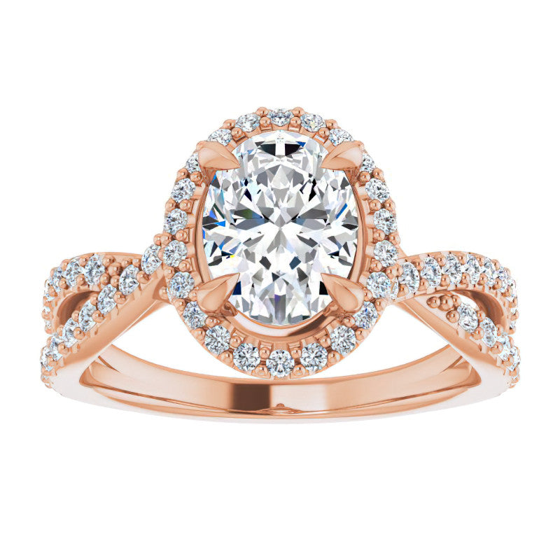 Oval Split Shank Cathedral Halo Moissanite Engagement Ring