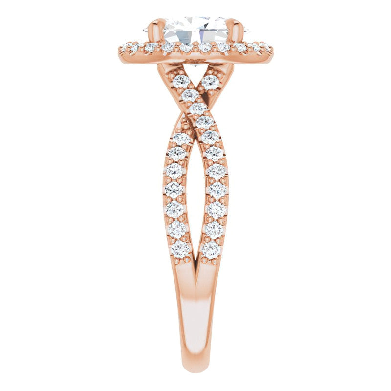 Oval Split Shank Cathedral Halo Moissanite Engagement Ring