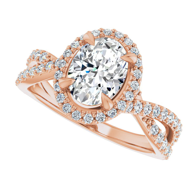 Oval Split Shank Cathedral Halo Moissanite Engagement Ring