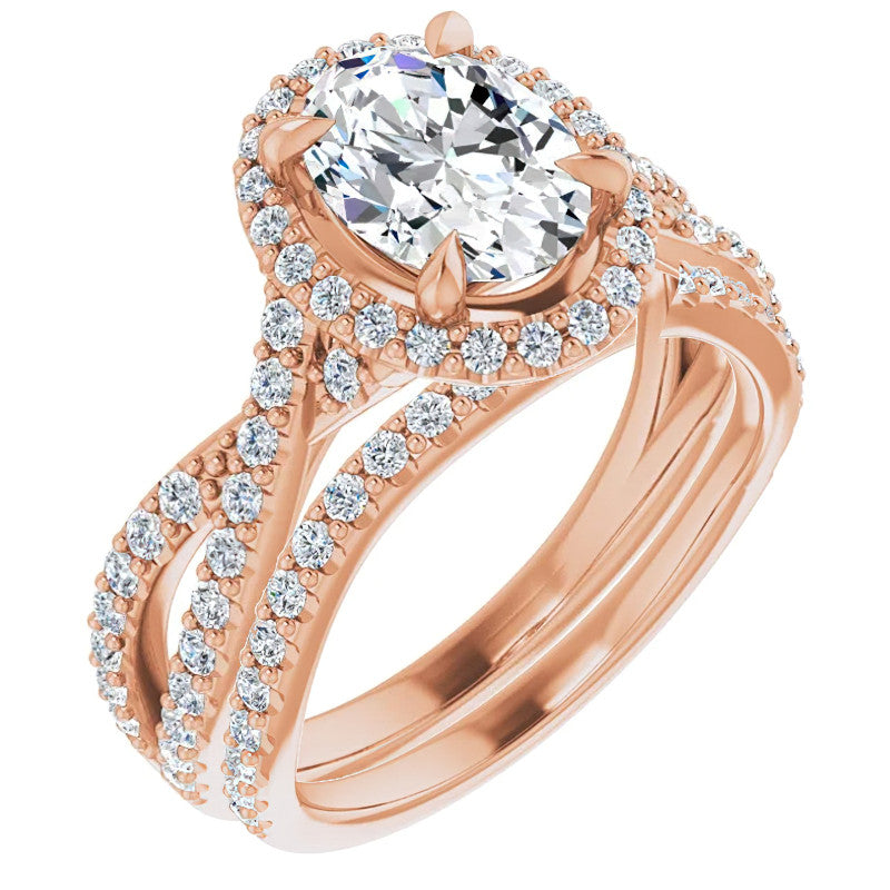 Oval Split Shank Cathedral Halo Moissanite Engagement Ring