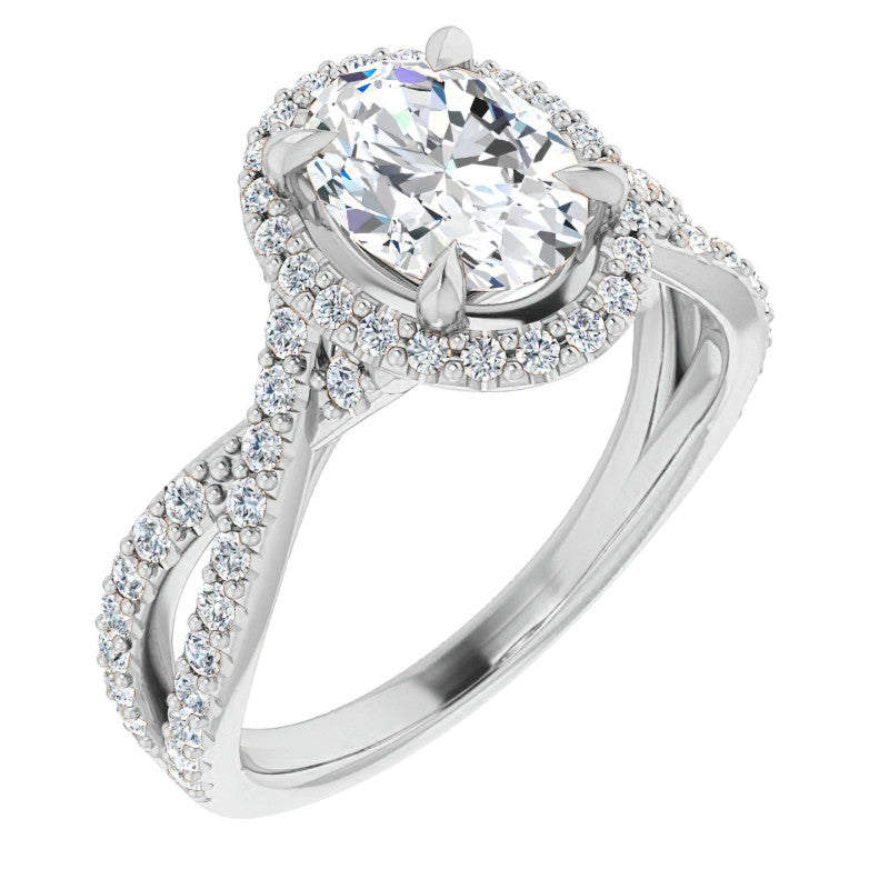 Oval Split Shank Cathedral Halo Moissanite Engagement Ring