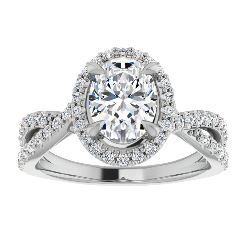 Oval Split Shank Cathedral Halo Moissanite Engagement Ring