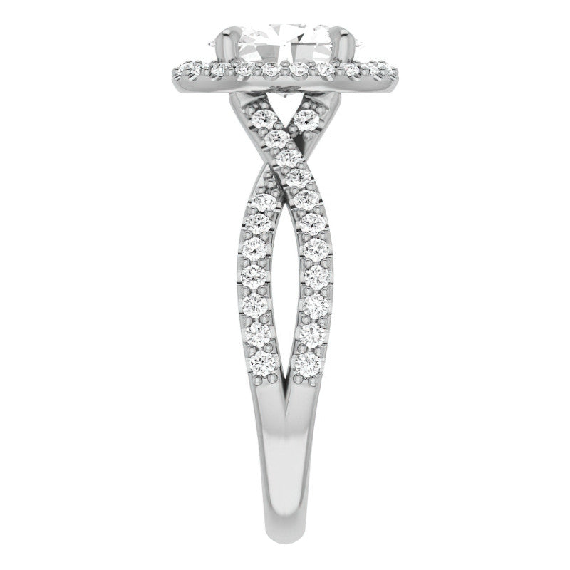 Oval Split Shank Cathedral Halo Moissanite Engagement Ring