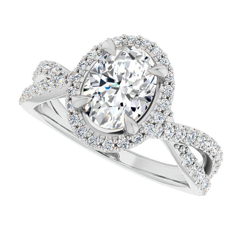 Oval Split Shank Cathedral Halo Moissanite Engagement Ring