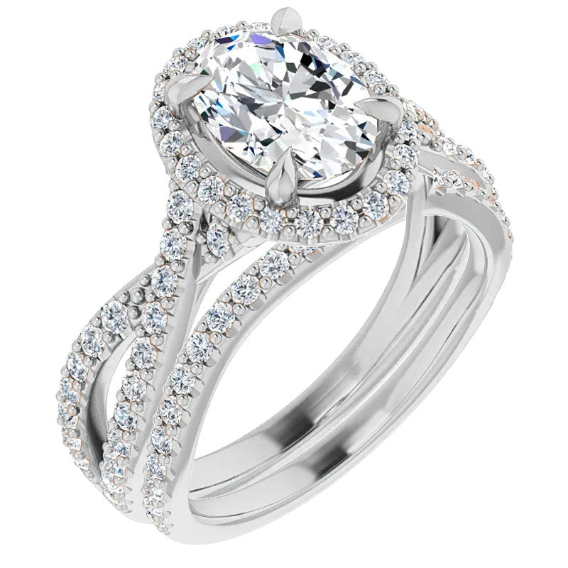 Oval Split Shank Cathedral Halo Moissanite Engagement Ring