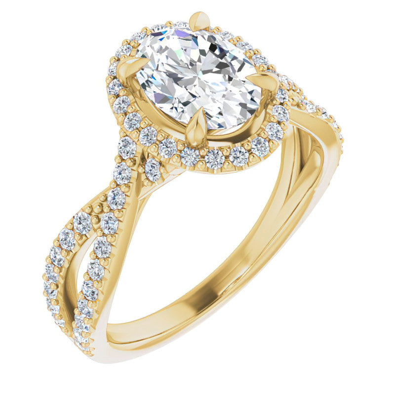 Oval Split Shank Cathedral Halo Moissanite Engagement Ring
