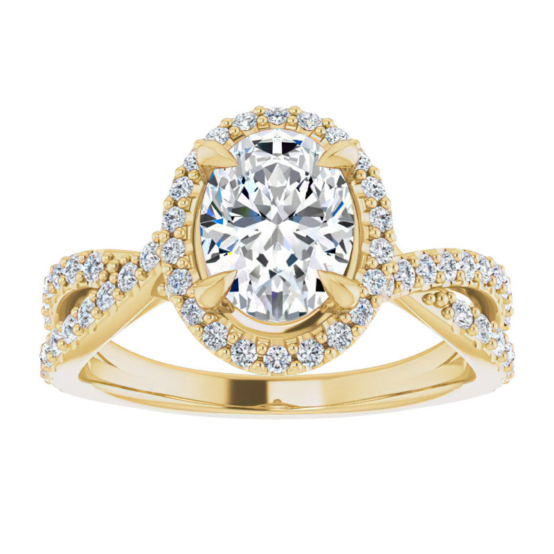 Oval Split Shank Cathedral Halo Moissanite Engagement Ring