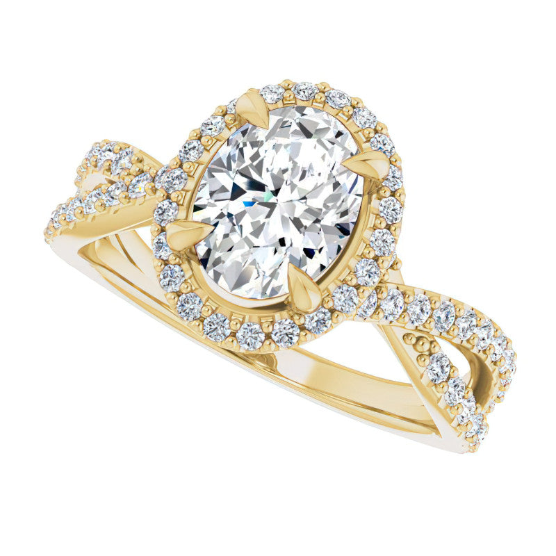 Oval Split Shank Cathedral Halo Moissanite Engagement Ring