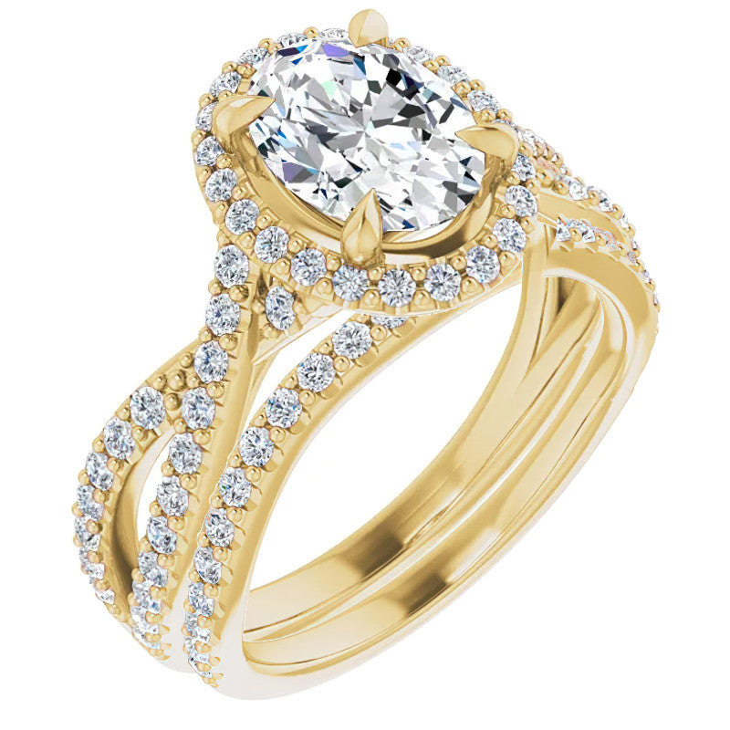 Oval Split Shank Cathedral Halo Moissanite Engagement Ring