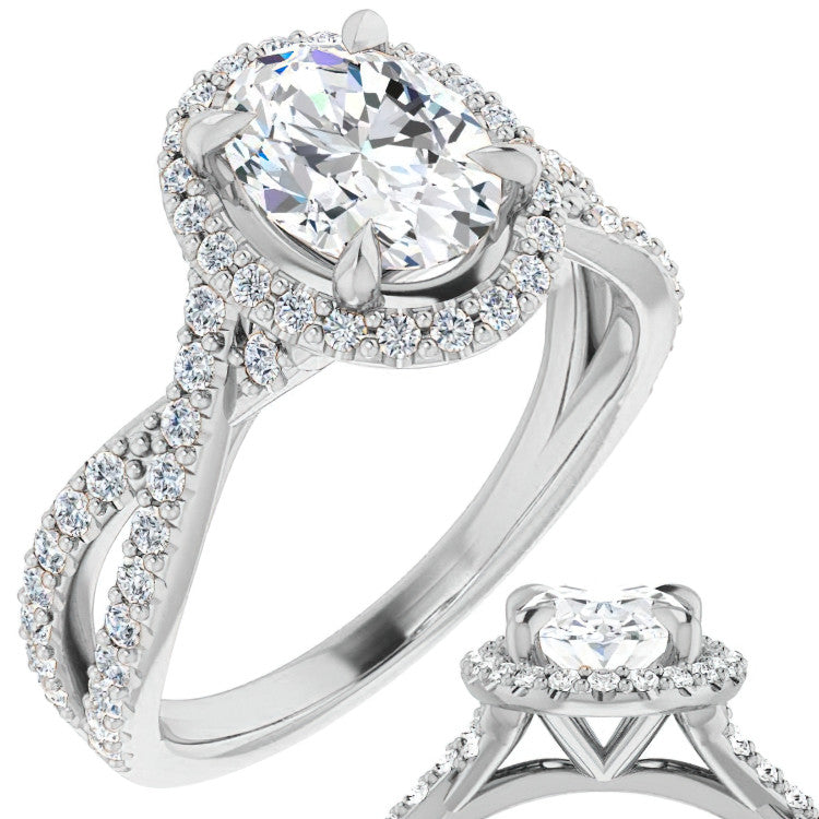 Oval Split Shank Cathedral Halo Moissanite Engagement Ring