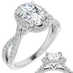 Oval Split Shank Cathedral Halo Moissanite Engagement Ring
