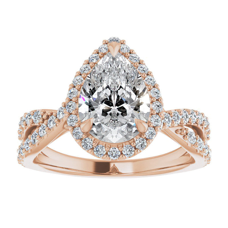 Pear Split Shank Cathedral Halo Moissanite Engagement Ring