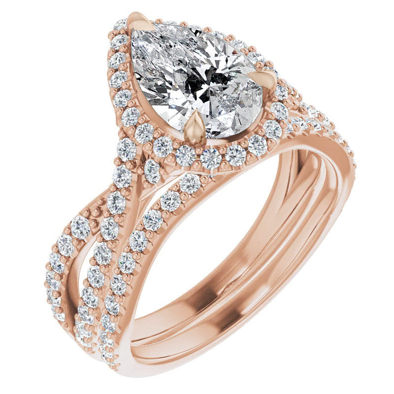 Pear Split Shank Cathedral Halo Moissanite Engagement Ring