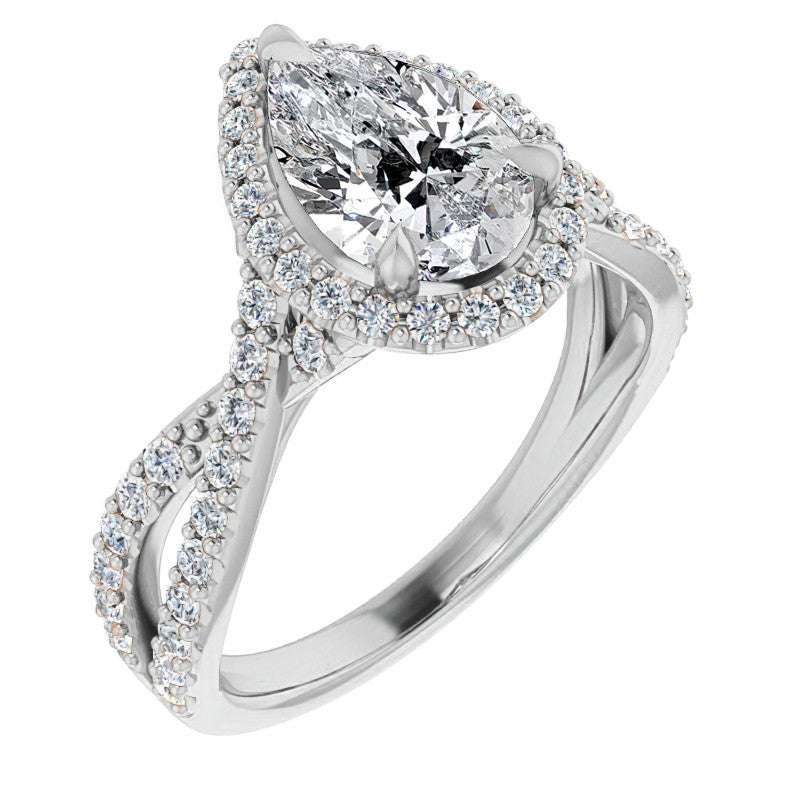 Pear Split Shank Cathedral Halo Moissanite Engagement Ring