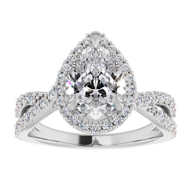 Pear Split Shank Cathedral Halo Moissanite Engagement Ring