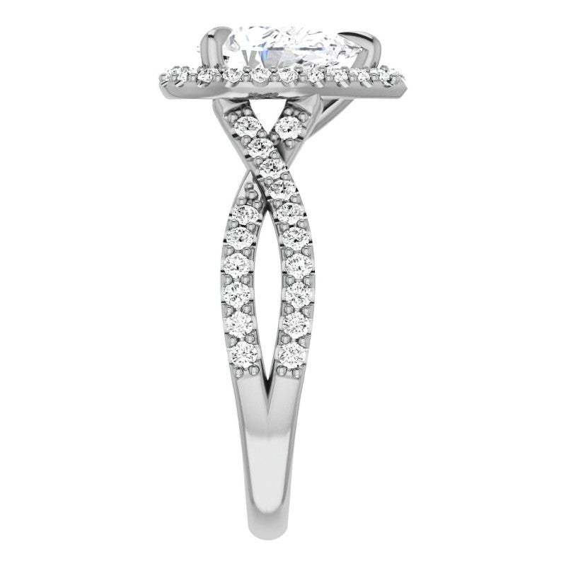 Pear Split Shank Cathedral Halo Moissanite Engagement Ring