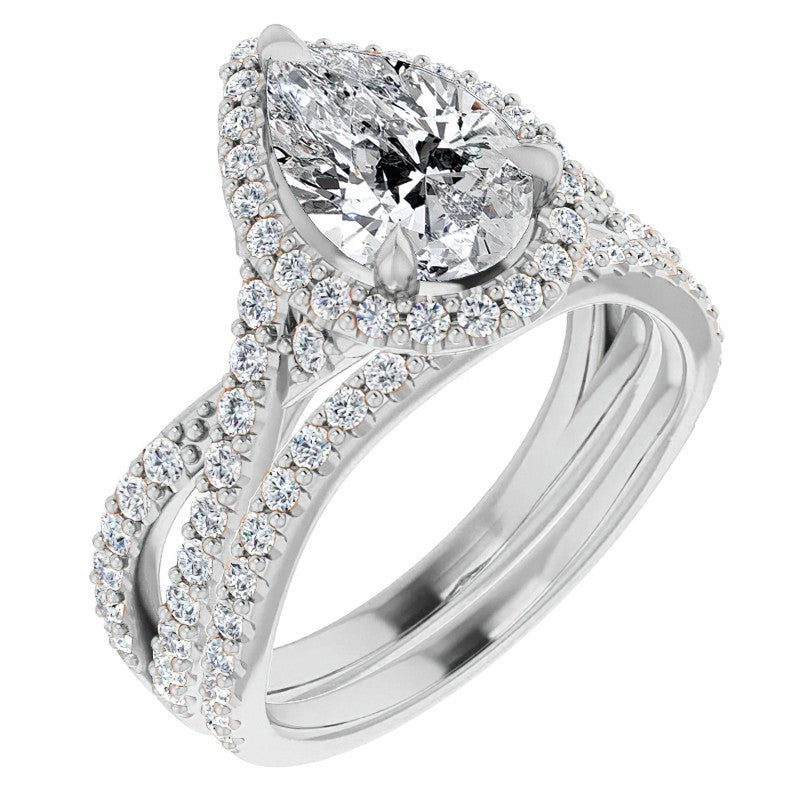 Pear Split Shank Cathedral Halo Moissanite Engagement Ring