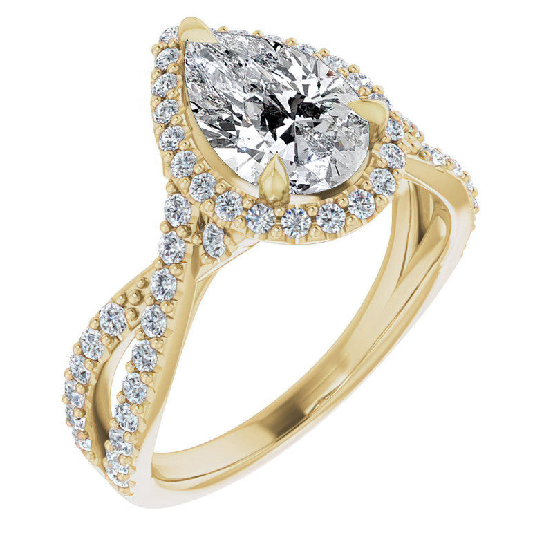 Pear Split Shank Cathedral Halo Moissanite Engagement Ring