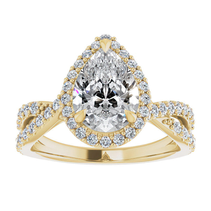Pear Split Shank Cathedral Halo Moissanite Engagement Ring