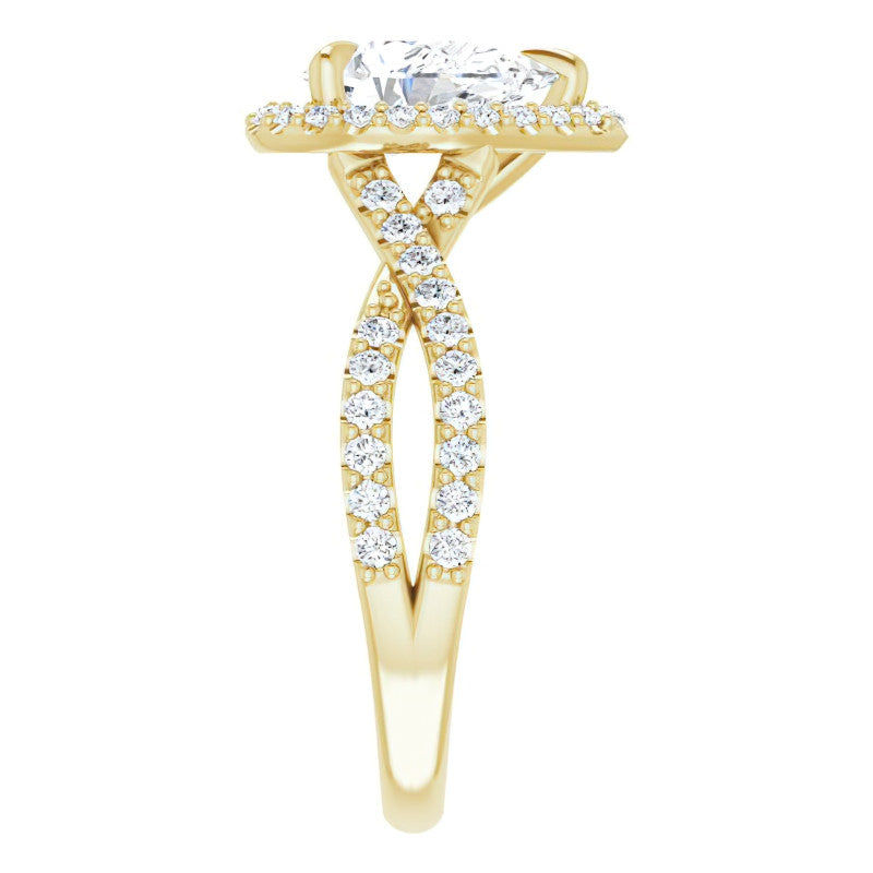 Pear Split Shank Cathedral Halo Moissanite Engagement Ring