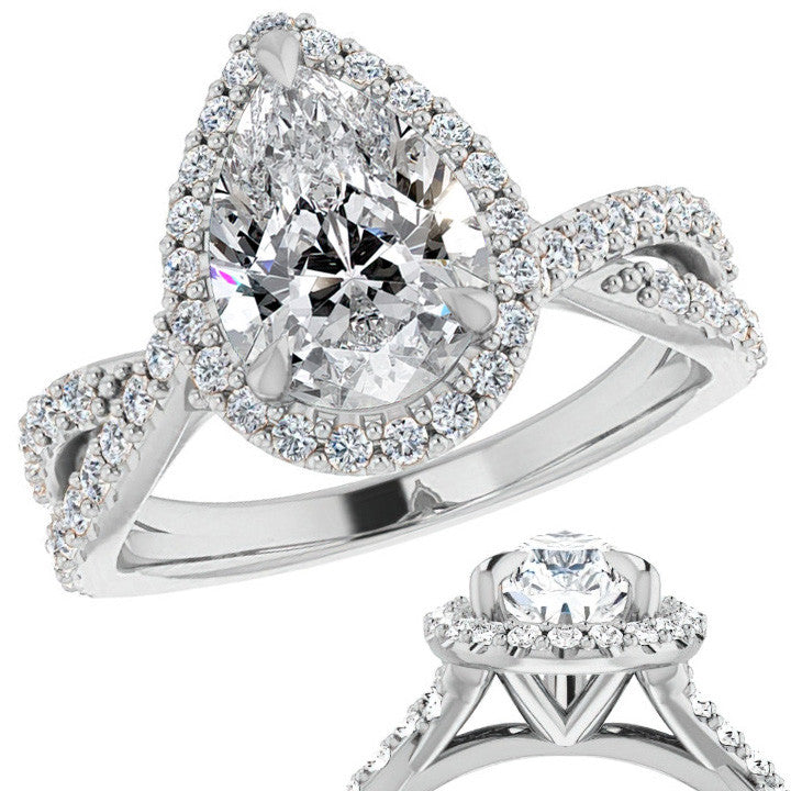 Pear Split Shank Cathedral Halo Moissanite Engagement Ring